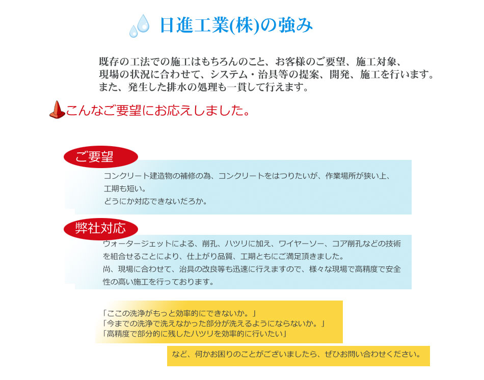 日進工業の強み・こんな要望にお答えしました。作業場所が狭いのでどうにかならないのかという質問に、どのような現場でも対応可能とお答えしました。